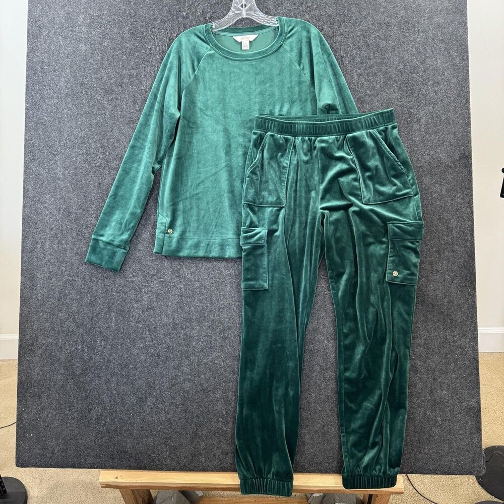 Lilly Pulitzer Eva Lounge Set Women's Medium Green Velour Sweatshirt Joggers